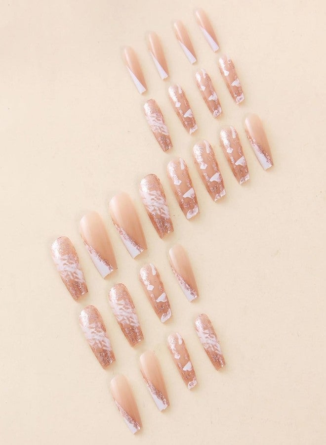 MISUD Press on Nails - Long Coffin Fake Nails with White Ombre, Acrylic Bling Glitter Design 24 pcs - Image 2